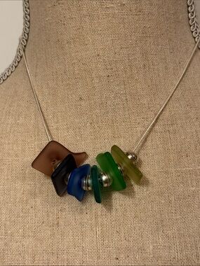 NECKLACE STERLING SILVER 925 CHAIN 16” INDIA 6 PIECES BLUE BEACH GLASS PENDANTS